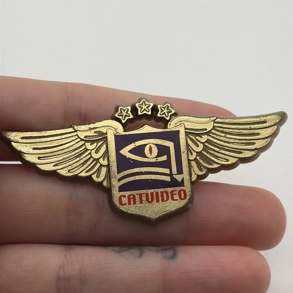 CatVideo Egyptian Eye Wings Gold Tone Plastic Lapel Hat Pin Vintage Winged Crest